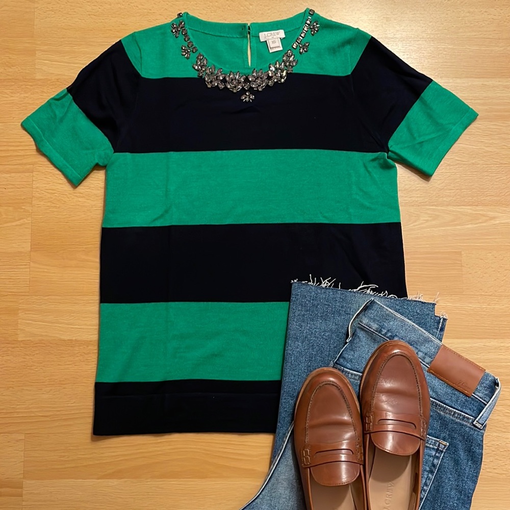 J. Crew Factory Merino Wool Short Sleeve Striped Embellished Sweater size xs